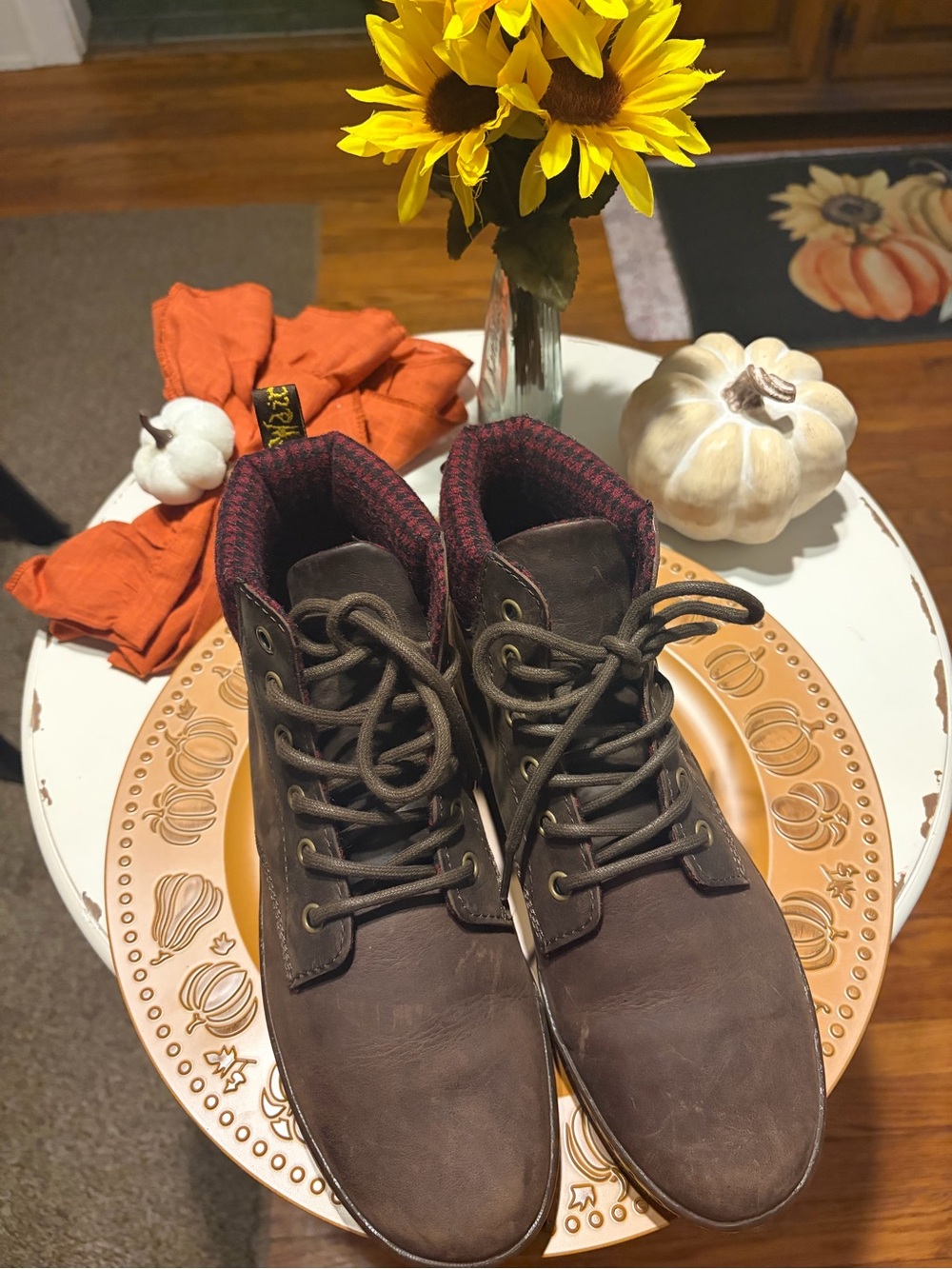 Dr. Martens Brown Lace-Up Ankle Boots with Plaid Collar